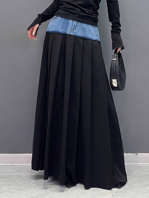 A-Line High Waisted Contrast Color Pleated Split-Joint Skirts Bottoms