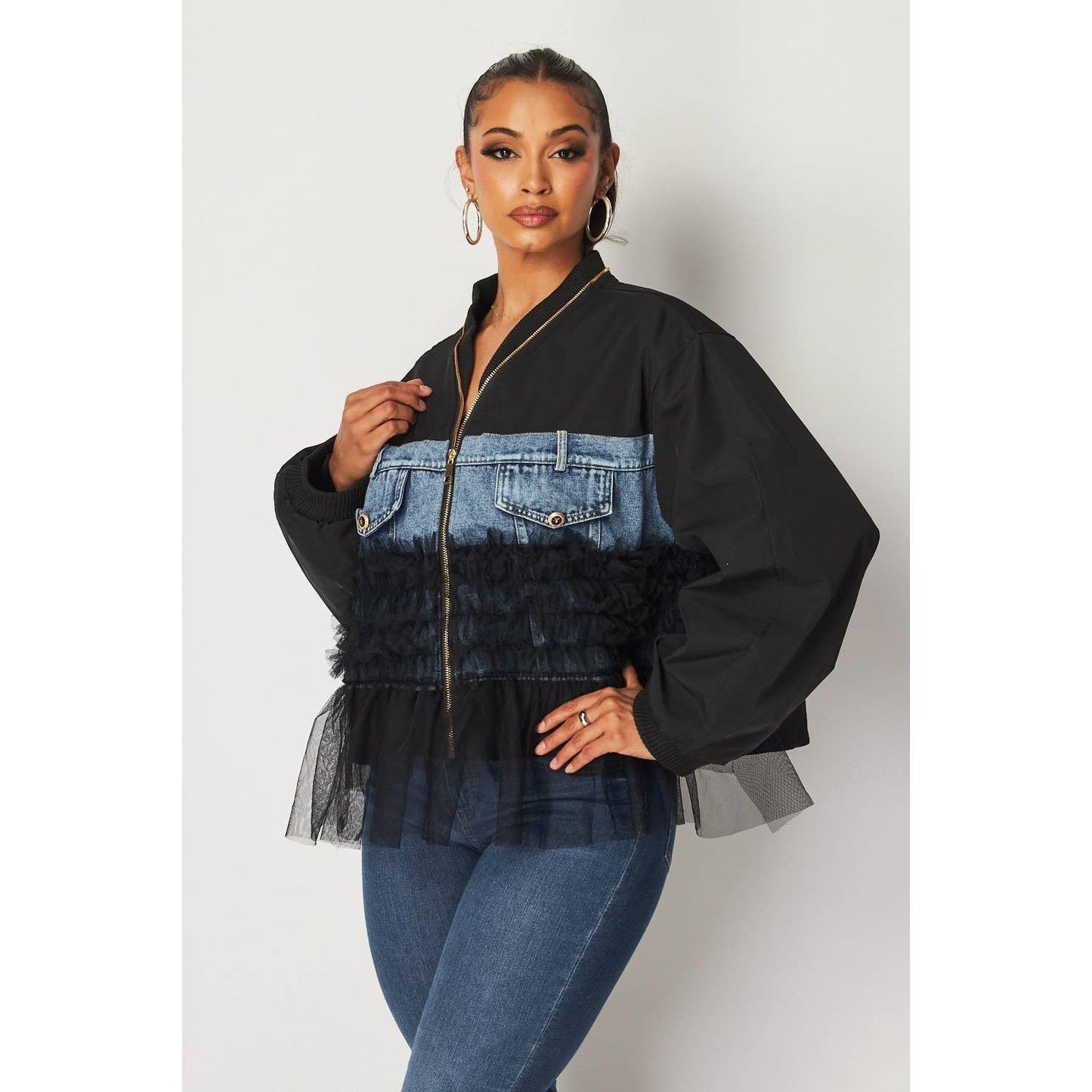 RUFFLE DETAIL AND DENIM PATCH BOMBER JACKET