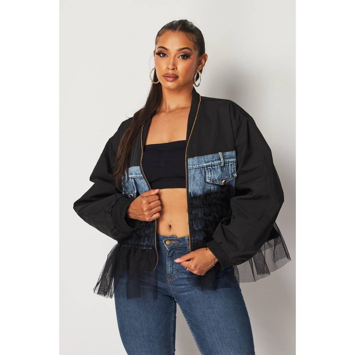 RUFFLE DETAIL AND DENIM PATCH BOMBER JACKET