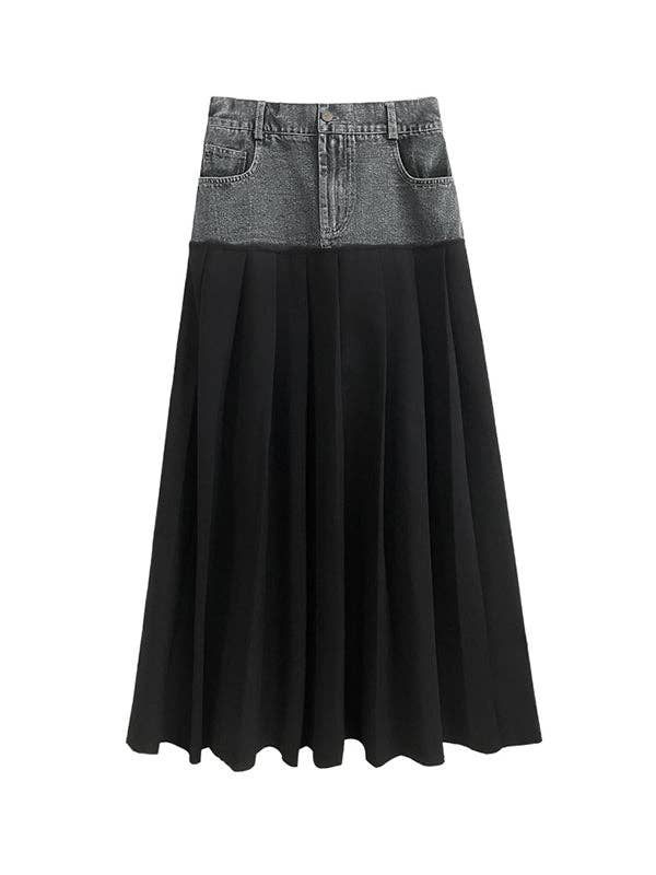 A-Line High Waisted Contrast Color Pleated Split-Joint Skirts Bottoms