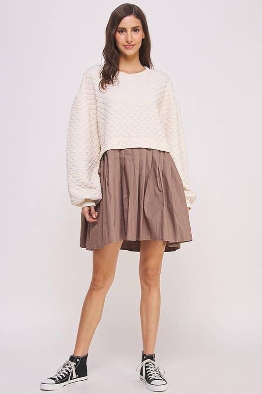 BUBBLE LONG SLEEVE COTTON PLEATED SKIRT DRESS