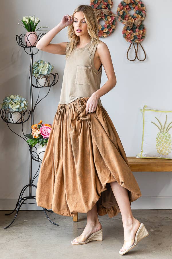 WASHED SLEEVELESS BALLOON SKIRT DRESS