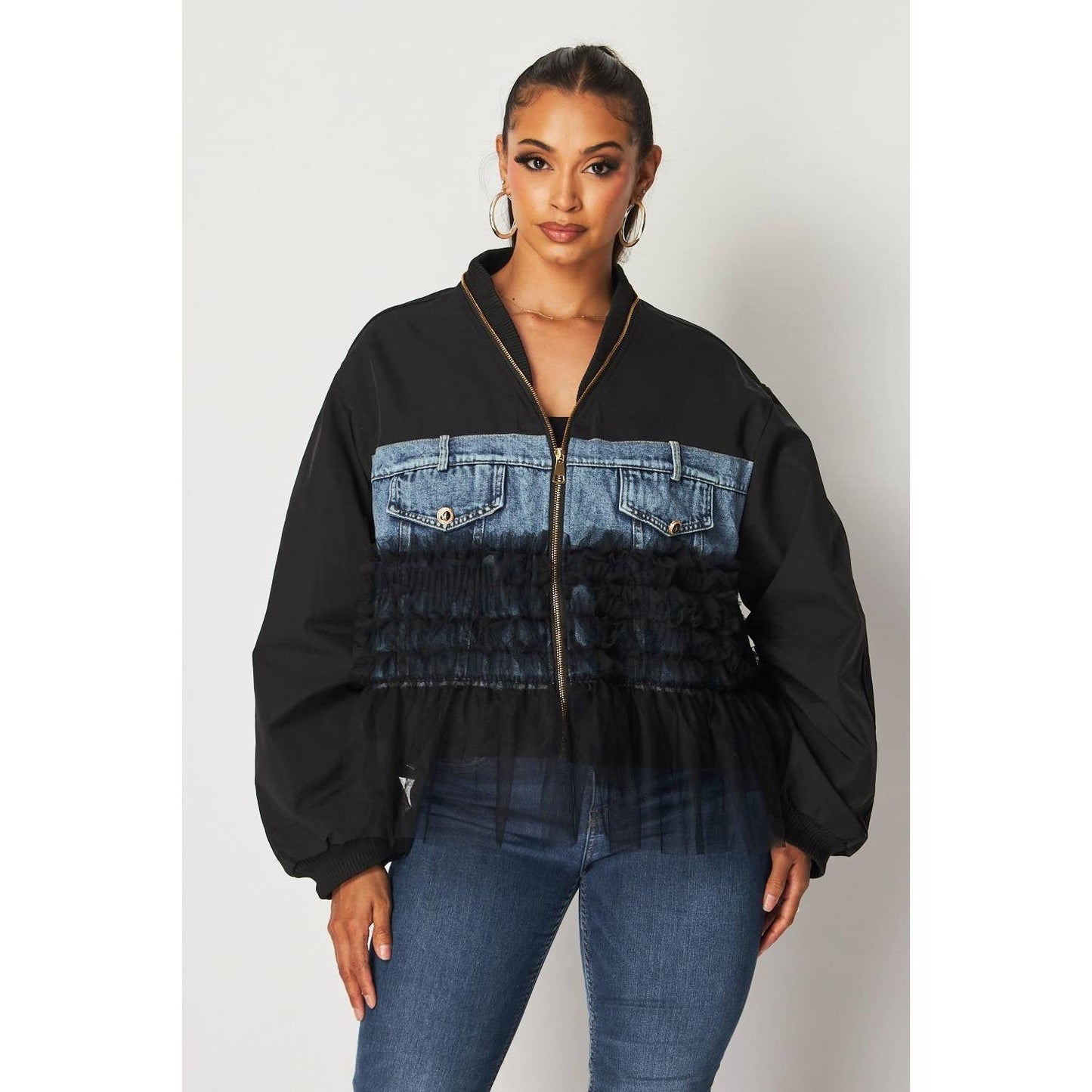 RUFFLE DETAIL AND DENIM PATCH BOMBER JACKET