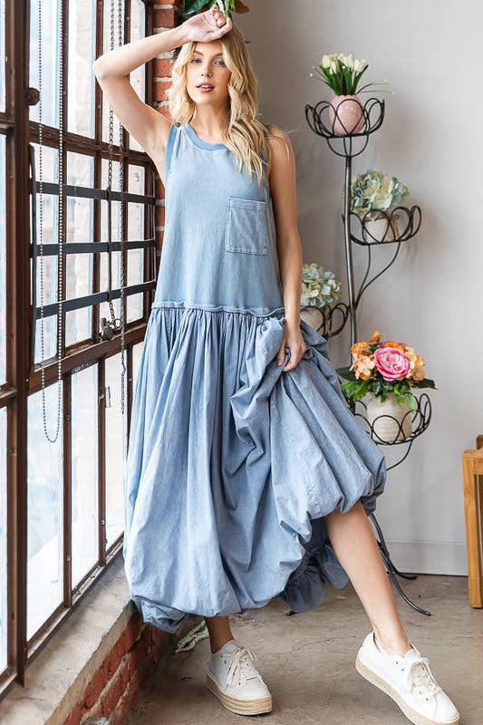 WASHED SLEEVELESS BALLOON SKIRT DRESS