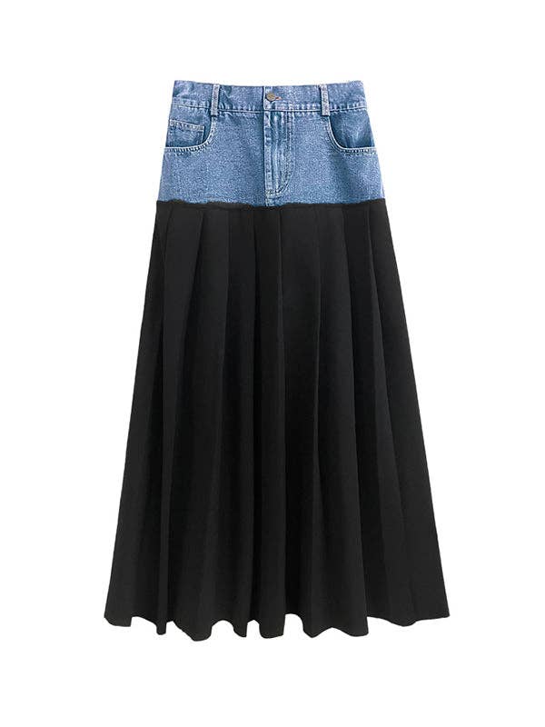 A-Line High Waisted Contrast Color Pleated Split-Joint Skirts Bottoms