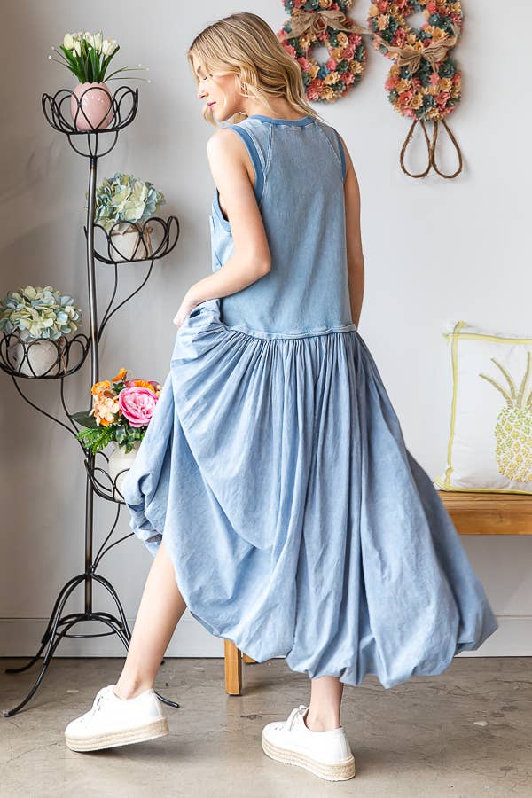 WASHED SLEEVELESS BALLOON SKIRT DRESS